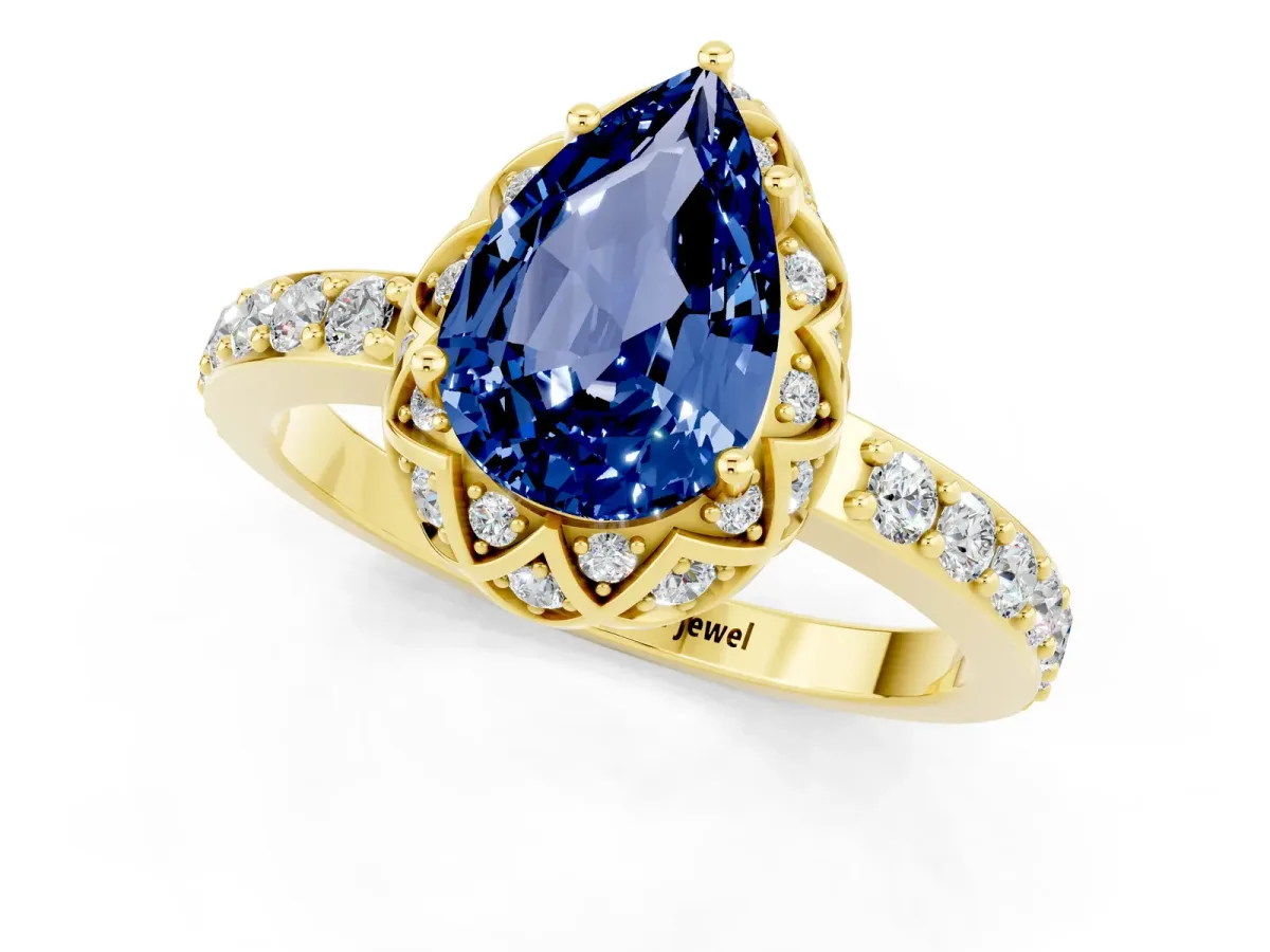 Pear Cut Blue Sapphire Scalloped Halo Engagement Ring with Round Shared Prong Band Yellow gold