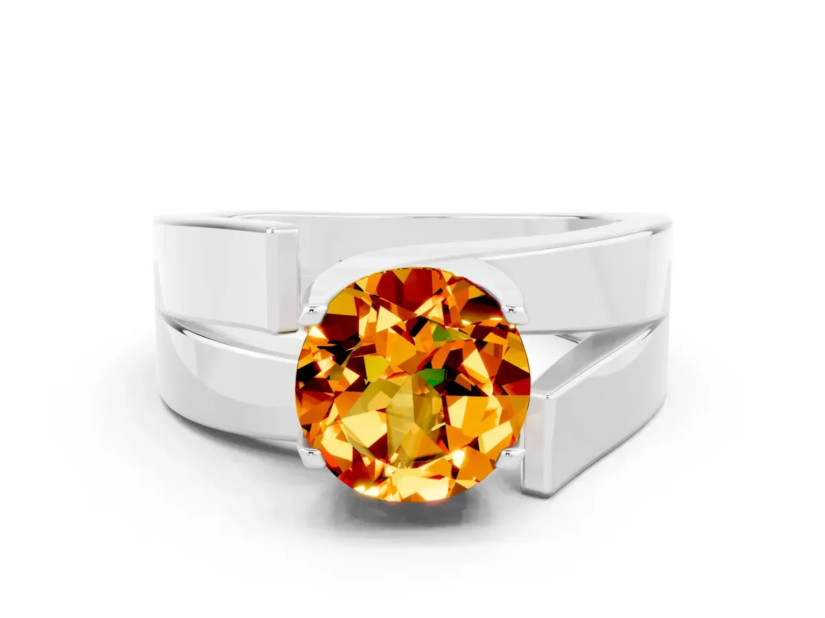 Modern Tension Set Round Cut Citrine Solitaire Wide Band Ring Silver