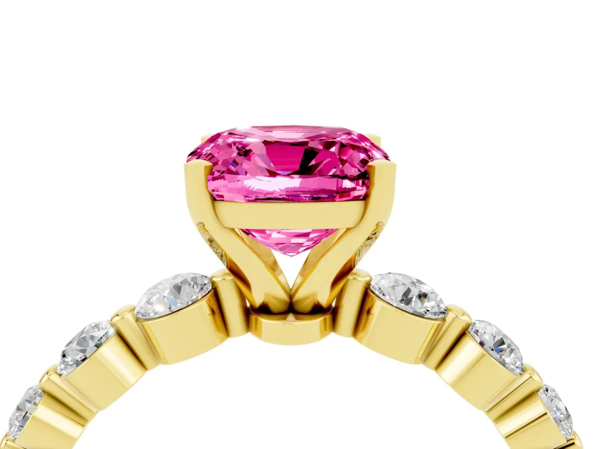Cushion Cut Solitaire Pink Sapphire Ring with Pave Band and Four-Prong Setting Yellow gold