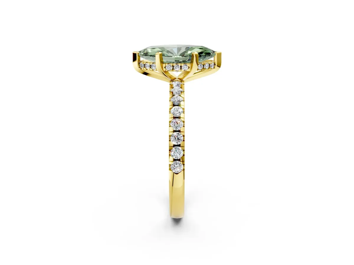 Fancy Green Marquise Cut Diamond Solitaire Ring with Round Pavé Band and Four-Prong Setting Yellow gold