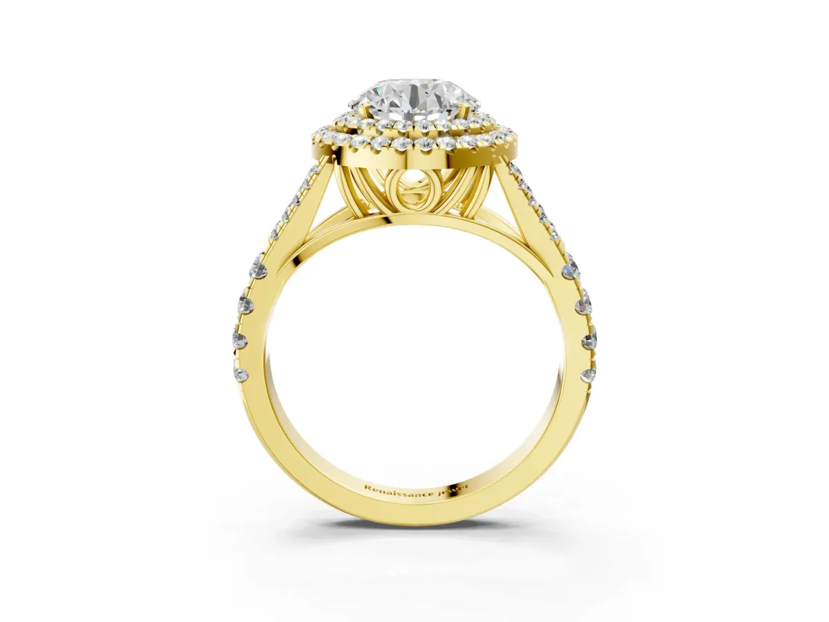 Round Cut Diamond Double Halo Ring with Split Shank and Prong Setting Yellow gold