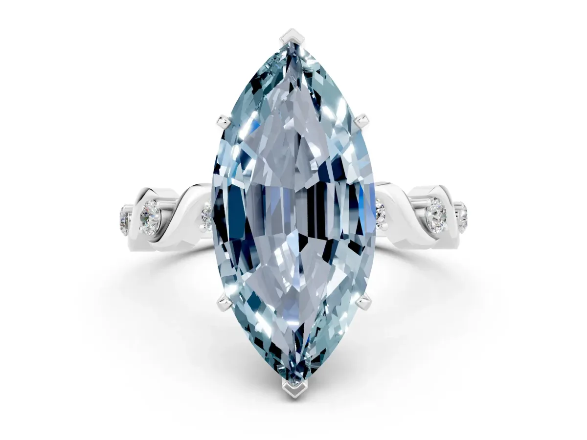 Marquise Cut Aquamarine Solitaire Twisted Band with Round Accents and Prong Setting Platinum
