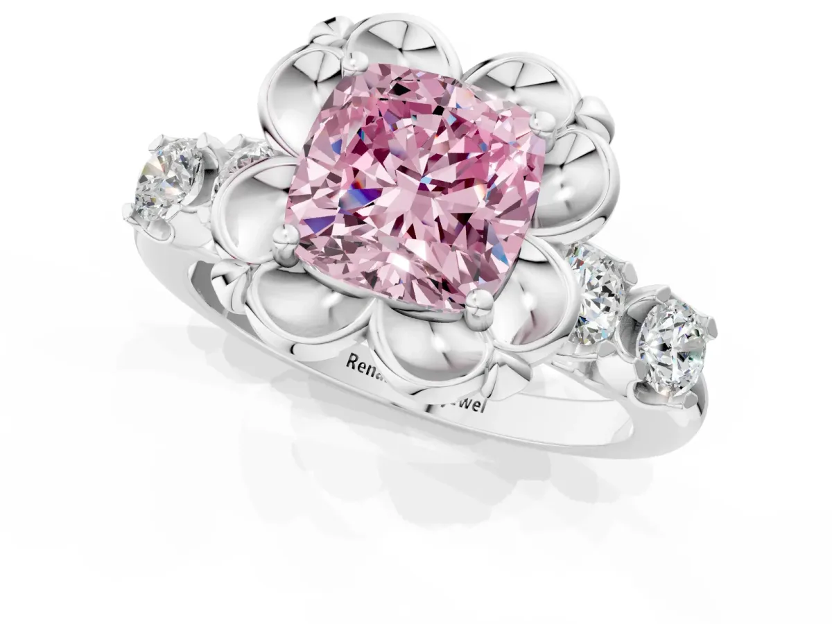 Fancy Pink Cushion Cut Cut Diamond Floral Halo Engagement Ring with Shared Prong Setting Silver
