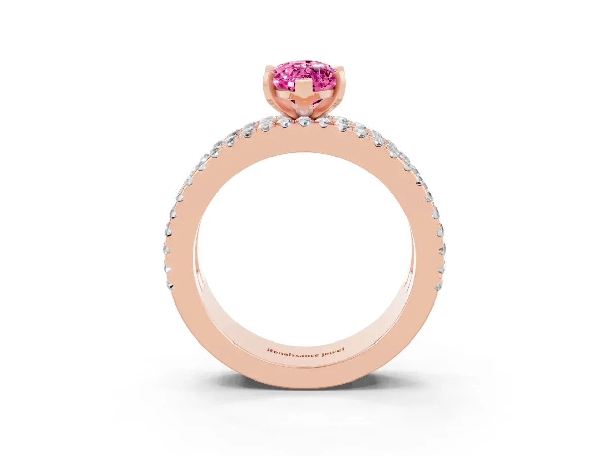 Marquise Cut Pink Sapphire Solitaire Ring with Pavé and Channel Set Band Rose gold