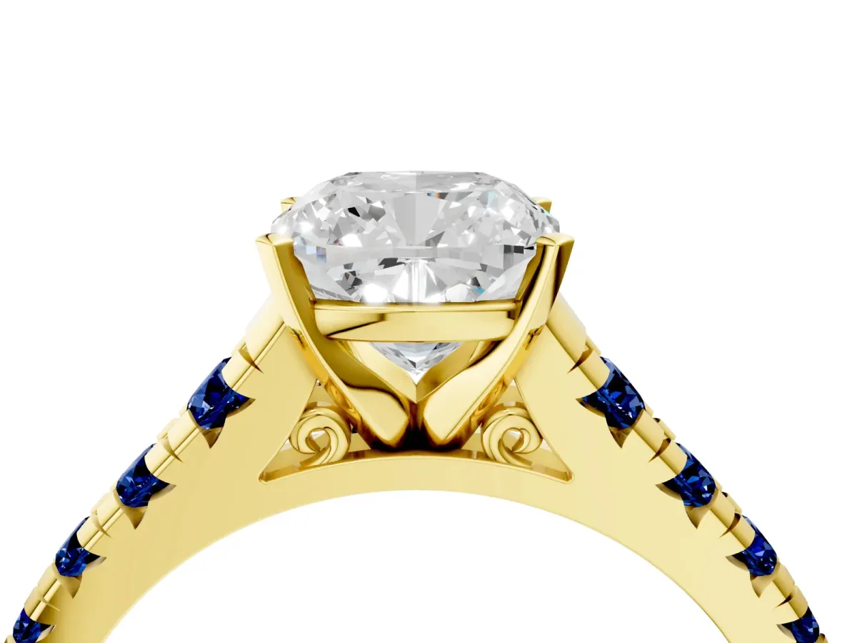 Cushion Cut Diamond Cathedral Solitaire Ring with Round Blue Sapphire Pavé Band Yellow gold