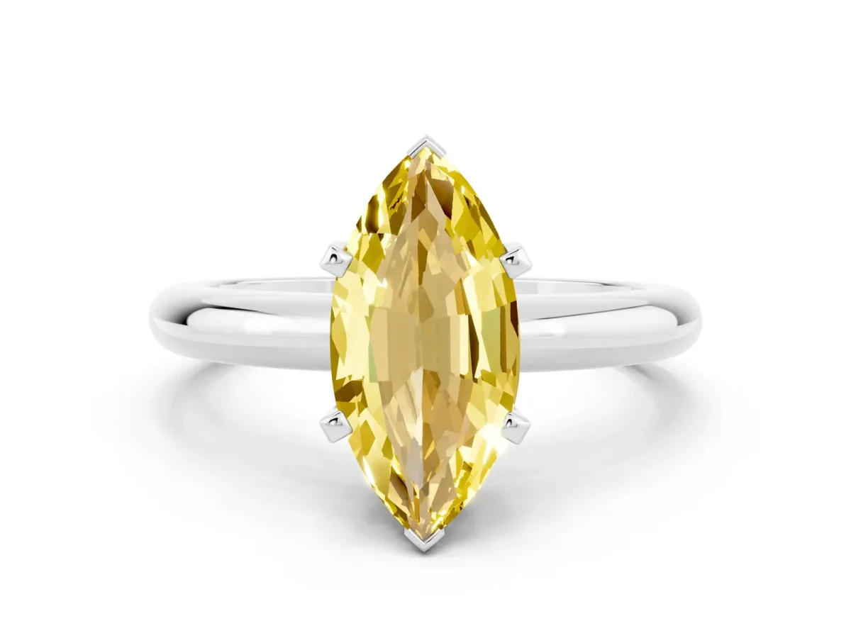 Marquise Cut Yellow Sapphire Solitaire Engagement Ring with Round Band and Four-Prong Setting Platinum