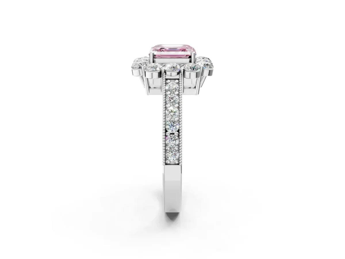 Fancy Pink Asscher Cut Cut Halo Diamond Pavé Engagement Ring with Milgrain Detailing Platinum