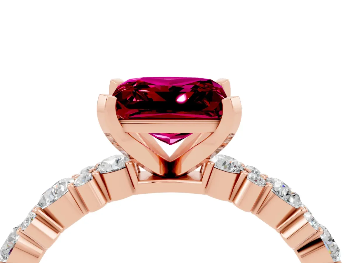 Princess Cut Garnet Side Stone Solitaire Ring with Round and Four-Prong Setting Rose gold