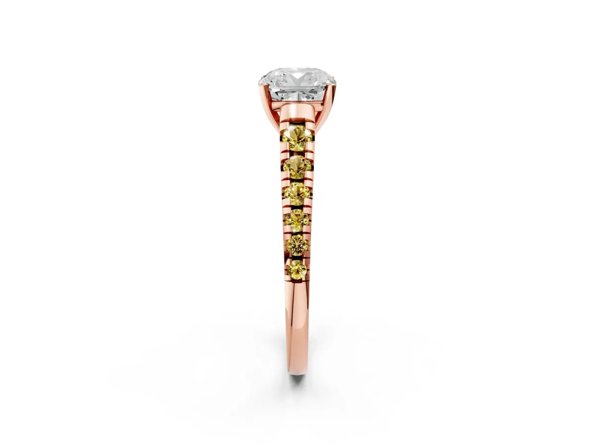 Cushion Cut Diamond Cathedral Solitaire Ring with Round Yellow Sapphire Pavé Band Rose gold
