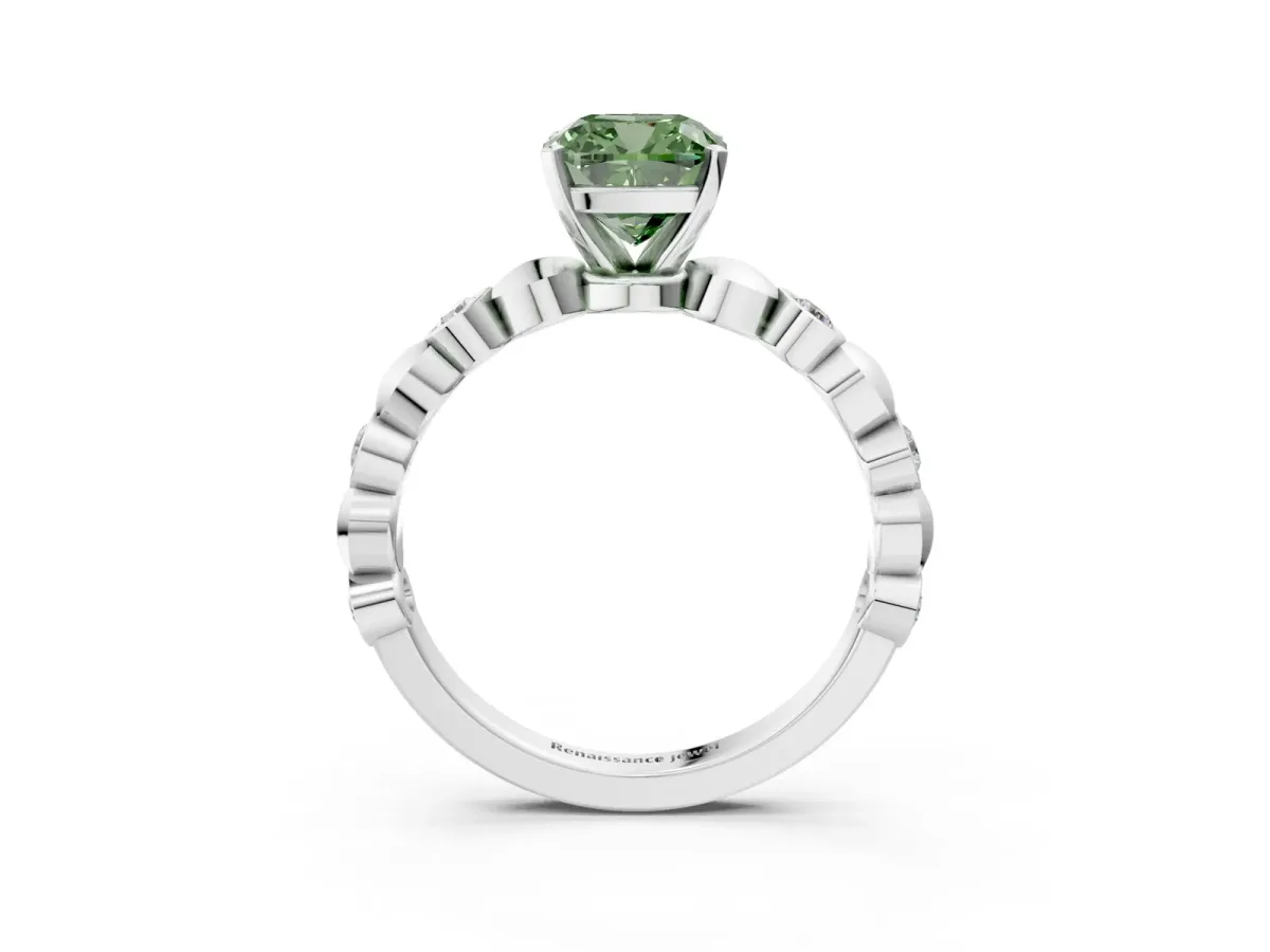 Fancy Green Cushion Cut Solitaire Bezel-Set Diamond Ring with Beaded Band and Four-Prong Setting Silver