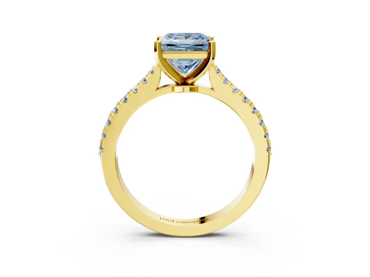 Fancy Blue Princess Cut Cut Solitaire Diamond Engagement Ring with Pave Band and Four-Prong Setting Yellow gold