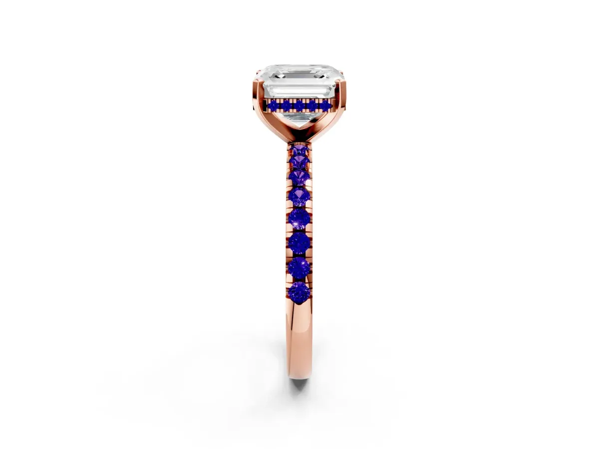 Asscher Cut Diamond Solitaire Ring with Round Tanzanite Pavé Band and Four-Prong Setting Rose gold