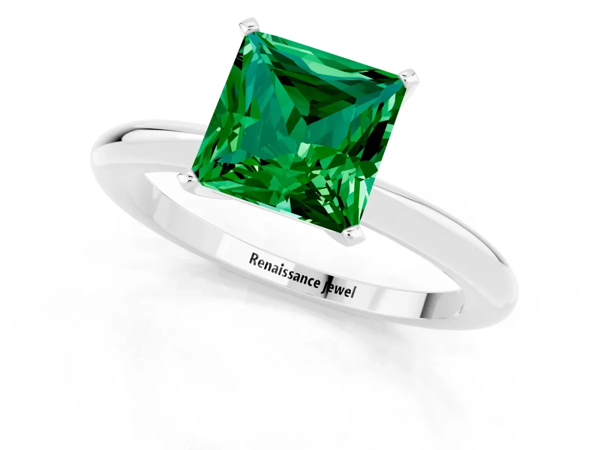 Princess Cut Emerald Solitaire Ring with Six-Prong Setting and Classic Band Silver