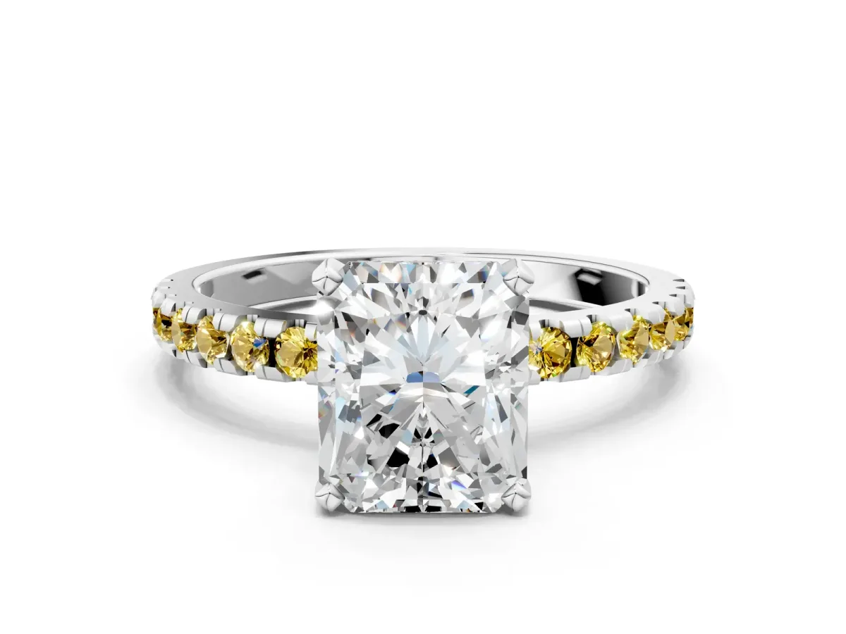 Radiant Cut Diamond Solitaire Ring with Round Yellow Sapphire Pavé Band and Four-Prong Setting White gold