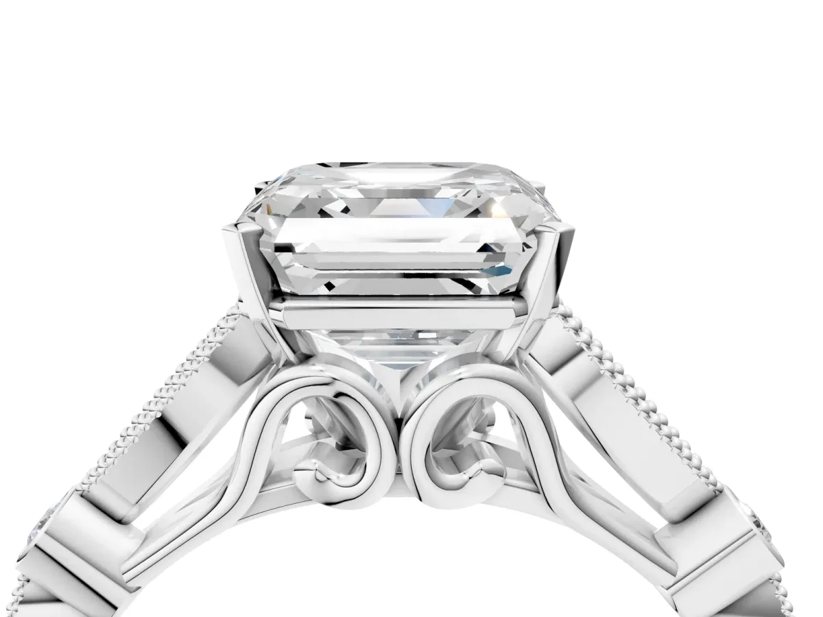 Asscher Cut Cut Diamond with Milgrain Marquise and Bezel Accents on a Solitaire Band with Prong Setting Silver