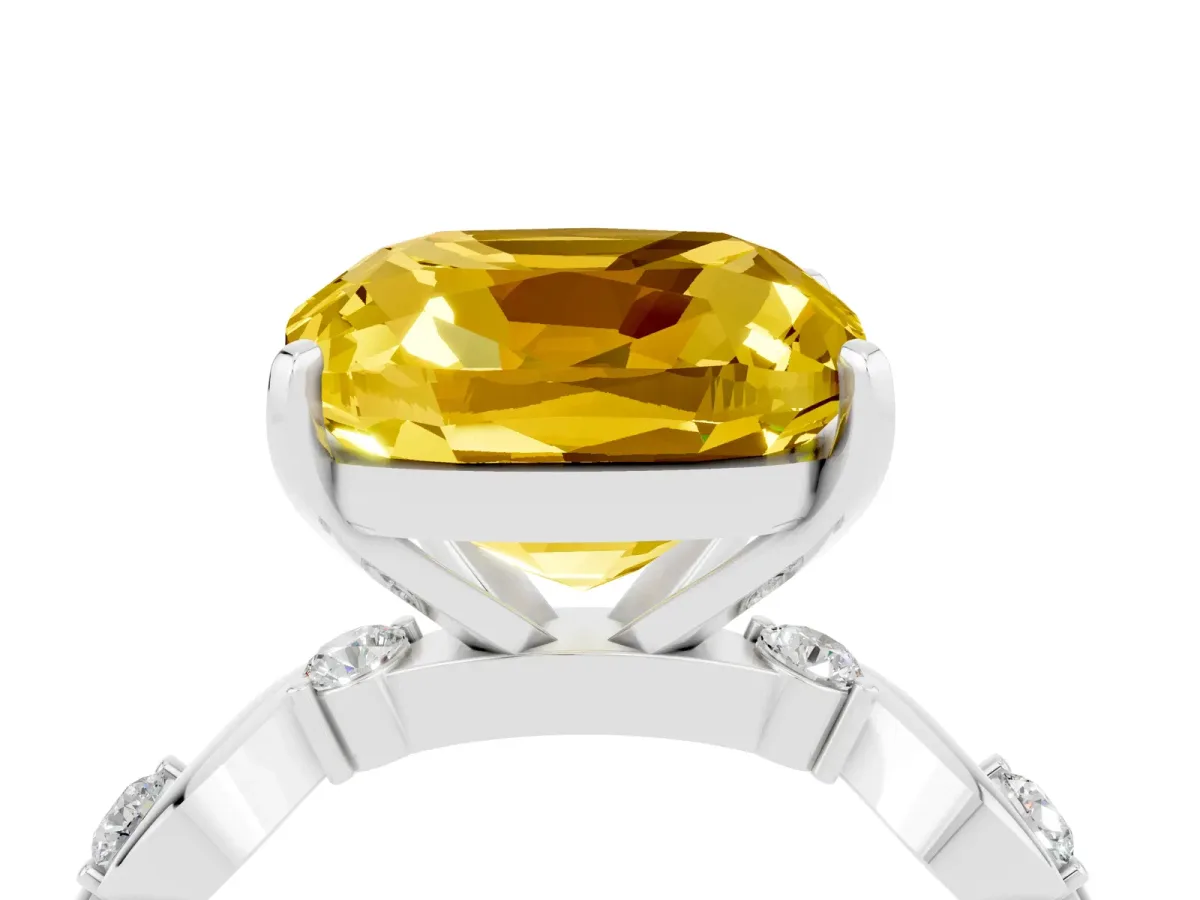 Cushion Cut Yellow Sapphire Solitaire Twisted Band with Round Accents and Prong Setting Platinum