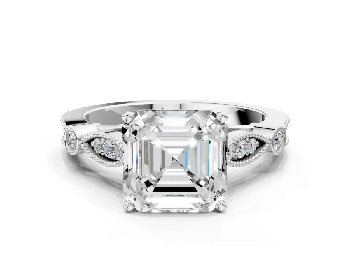 Asscher Cut Cut Diamond with Milgrain Marquise and Bezel Accents on a Solitaire Band with Prong Setting Silver