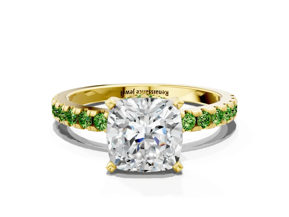Cushion Cut Diamond Solitaire Ring with Round Peridot Pavé Band and Four-Prong Setting Yellow gold