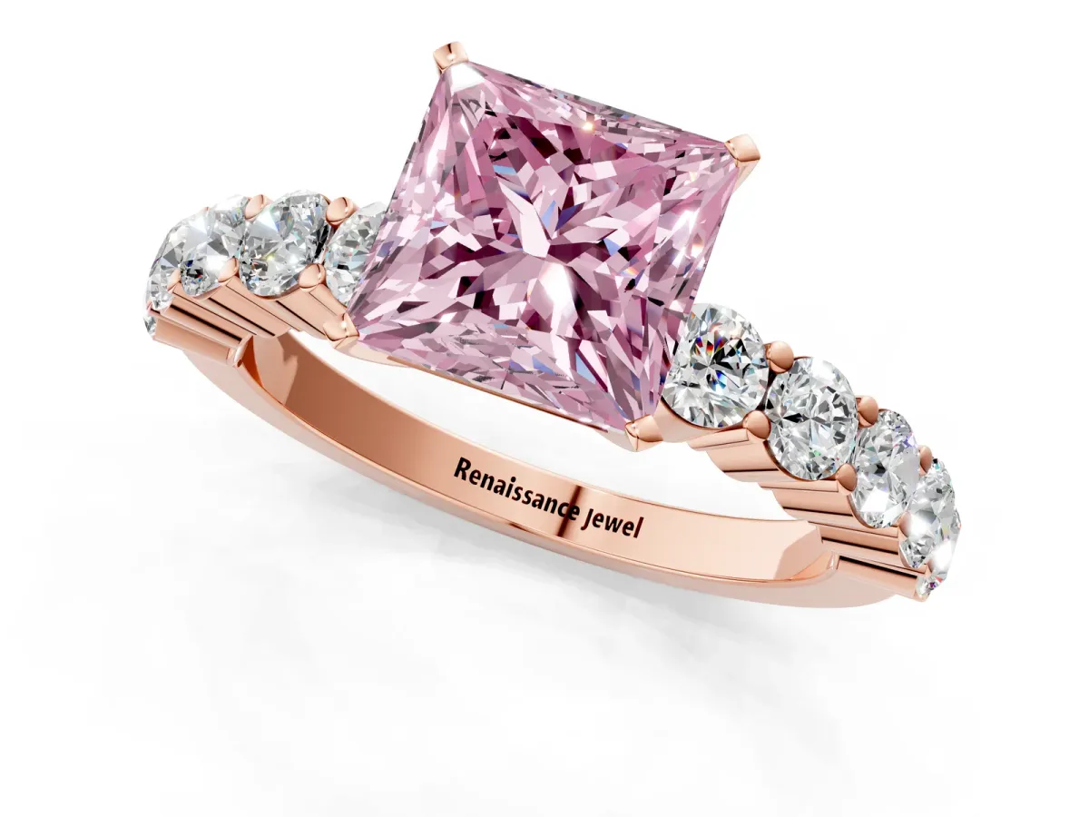 Fancy Pink Princess Cut Diamond Solitaire Ring with Shared Prong Round Side Stones Rose gold