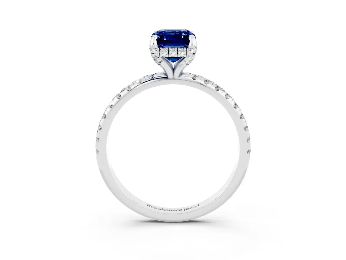 Emerald Cut Blue Sapphire Hidden Halo Engagement Ring with Round Pavé Band and Prong Setting Silver