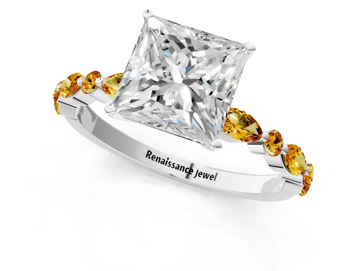 Princess Cut Diamond Ring with Marquise and Round Citrine Side Stones and Four-Prong Setting White gold
