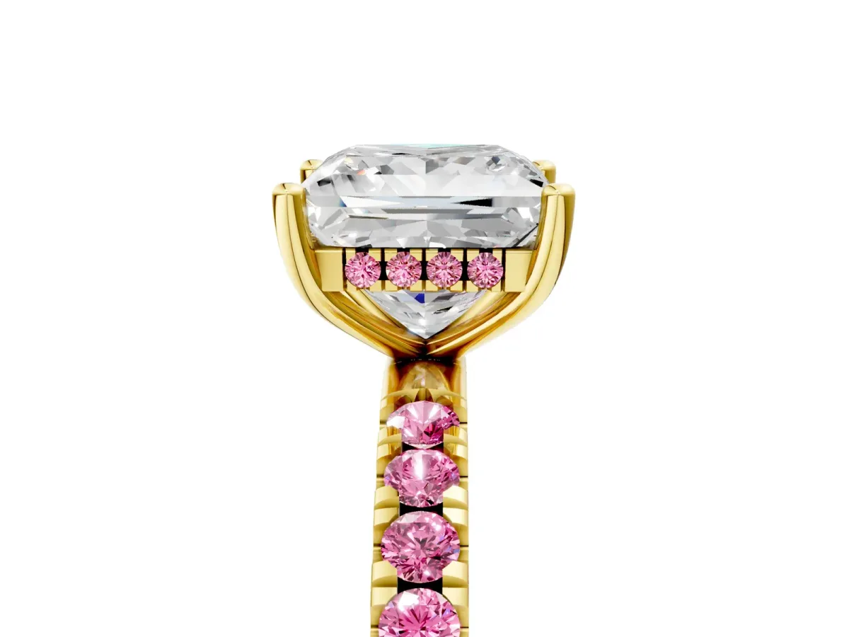 Princess Cut Diamond Pave Band Solitaire Ring with Round Pink Sapphire and Prong Setting Yellow gold