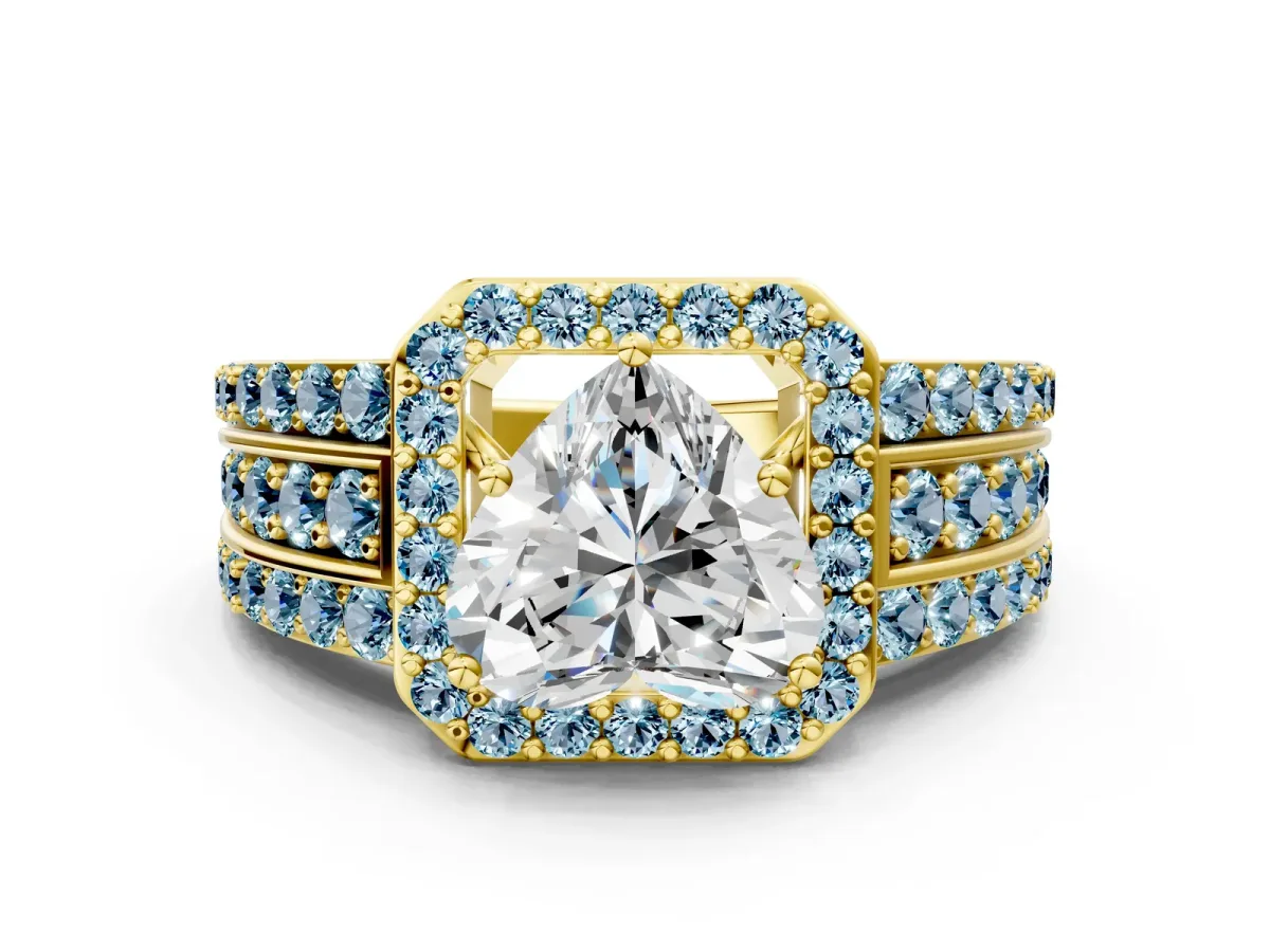 Heart Cut Halo Diamond Ring with Round Aquamarine Split Shank and Prong Setting Yellow gold
