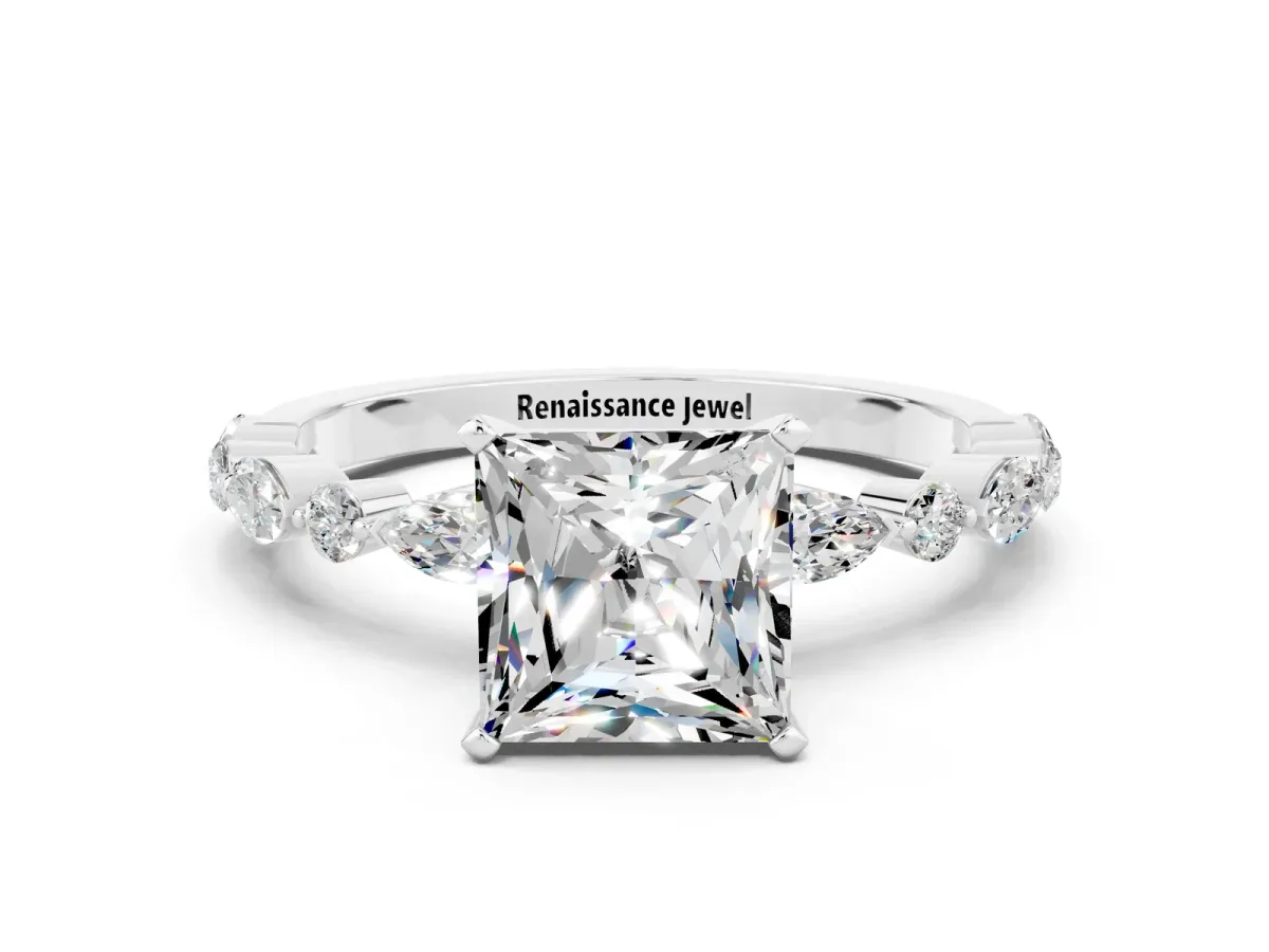 Princess Cut Moissanite Ring with Marquise and Round Side Stones and Four-Prong Setting White gold