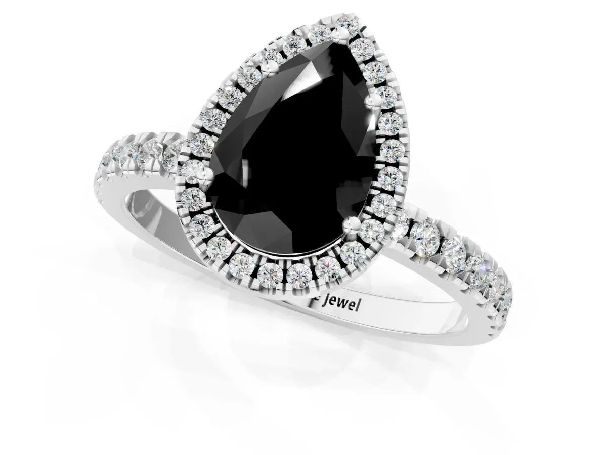 Fancy Black Pear Cut Diamond Classic Halo Engagement Ring with Round Pavé Band and Prong Setting White gold