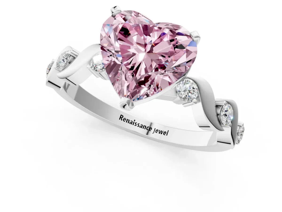 Fancy Pink Heart Cut Diamond Solitaire Twisted Band with Round Accents and Prong Setting White gold