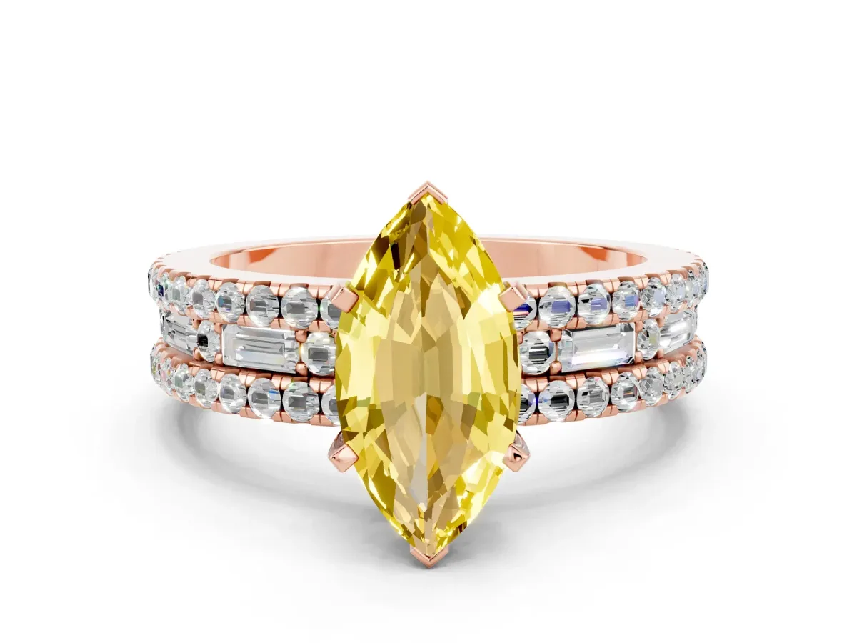 Marquise Cut Yellow Sapphire Solitaire Ring with Pavé and Channel Set Band Rose gold