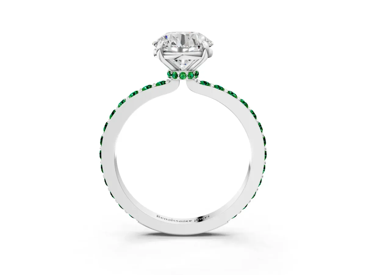 Round Cut Diamond Pavé Engagement Ring with Round Tanzanite Accents and Prong Setting White gold