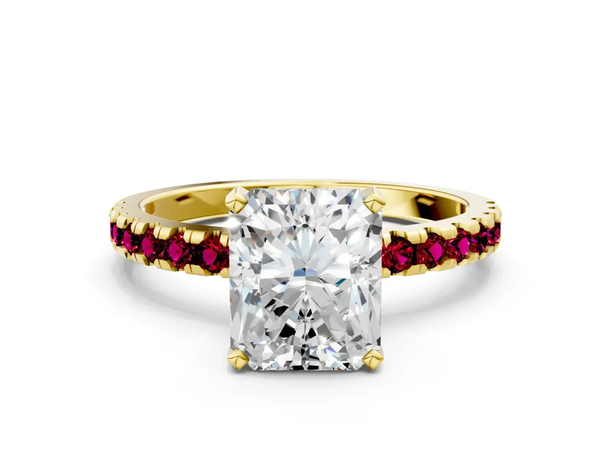 Radiant Cut Diamond Solitaire Ring with Round Garnet Pavé Band and Four-Prong Setting Yellow gold