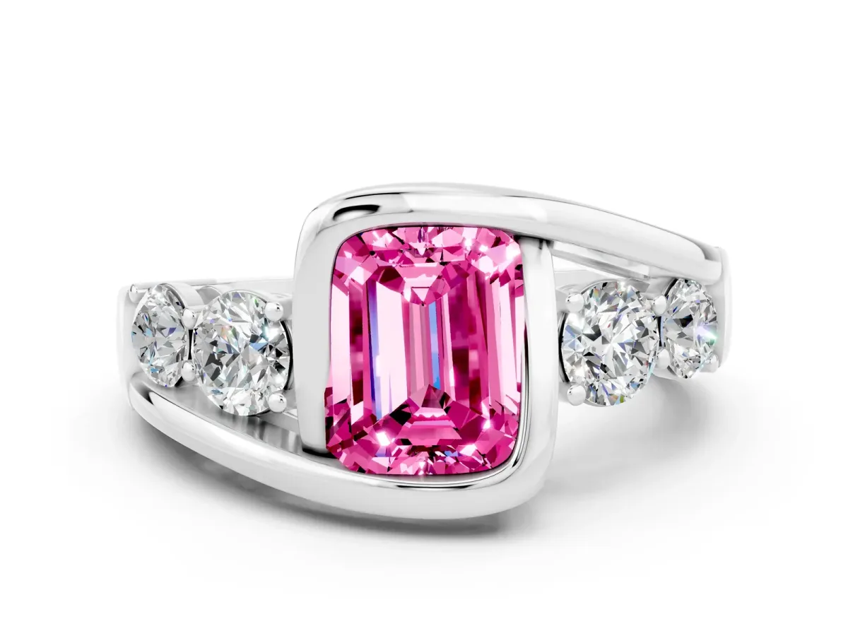 Bezel Set Emerald Cut Pink Sapphire Bypass Ring with Round Accents Silver