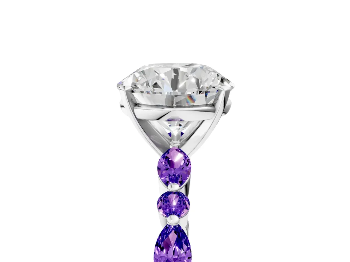 Round Cut Diamond Ring with Marquise and Round Tanzanite Side Stones and Four-Prong Setting White gold