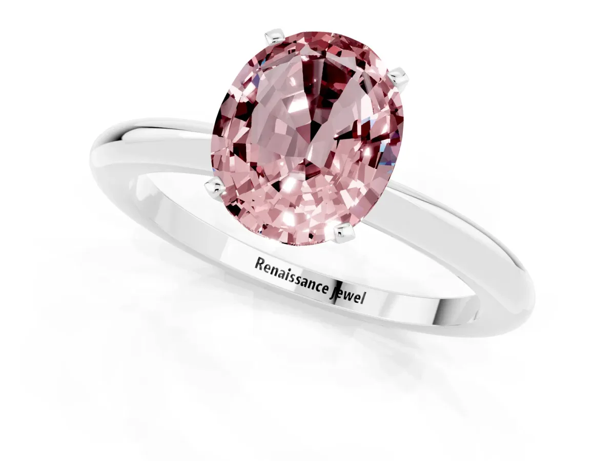 Oval Cut Morganite Solitaire Ring with Six-Prong Setting and Classic Band Silver