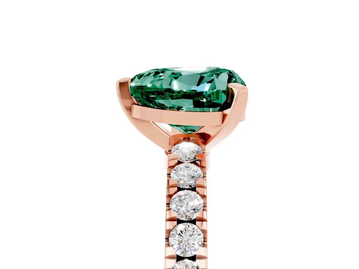 Heart Cut Solitaire Green Sapphire with Pavé Band and Four-Prong Setting Rose gold
