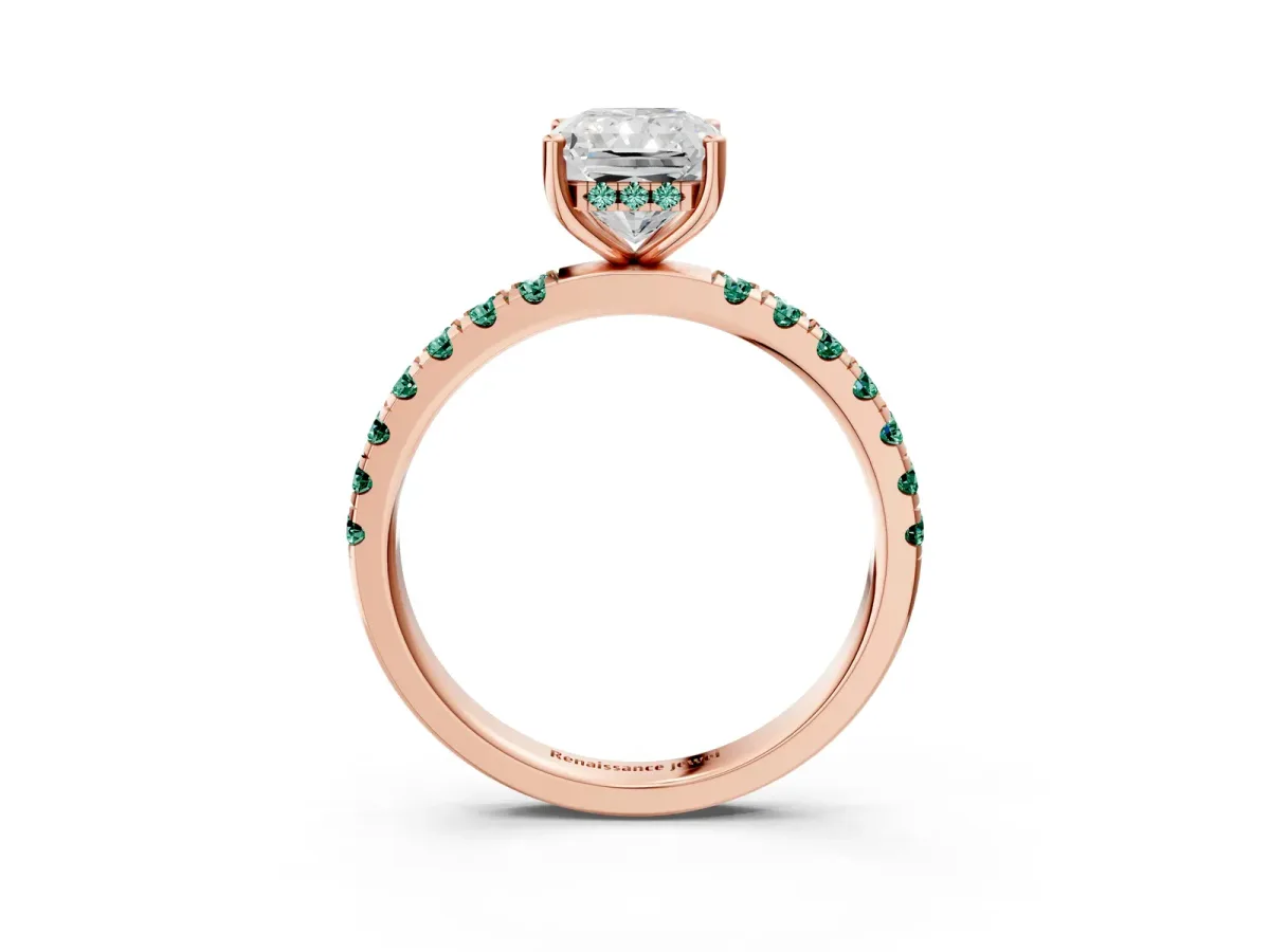 Radiant Cut Diamond Pave Band Solitaire Ring with Round Green Sapphire and Prong Setting Rose gold