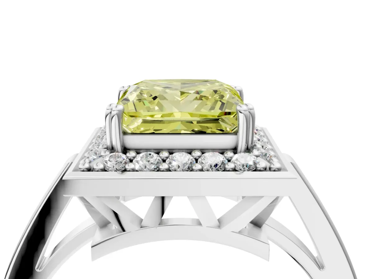 Fancy Yellow Princess Cut Diamond Halo Ring with Split Shank and Four-Prong Setting Platinum