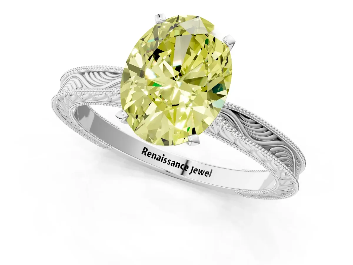 Fancy Yellow Oval Cut Solitaire Milgrain Engraved Band with Four-Prong Setting White gold