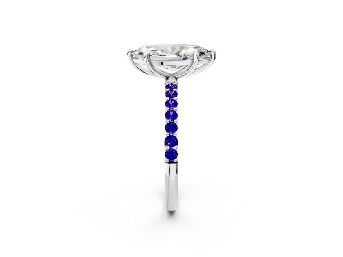 Marquise Cut Diamond Solitaire Ring with Round Tanzanite Pavé Band and Prong Setting White gold
