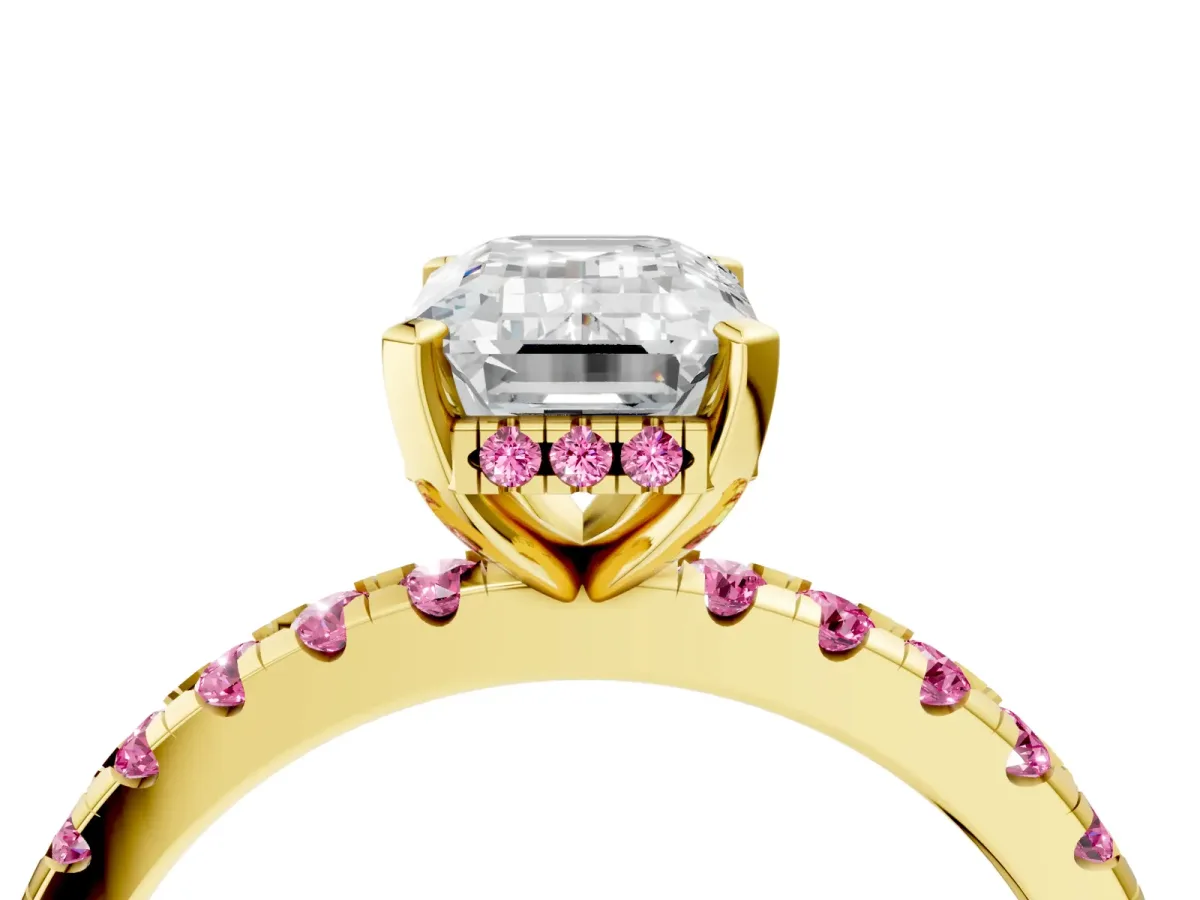 Emerald Cut Diamond Solitaire Ring with Round Pink Sapphire Pavé Band and Four-Prong Setting Yellow gold