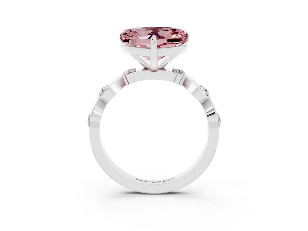 Heart Cut Morganite Solitaire Twisted Band with Round Accents and Prong Setting White gold