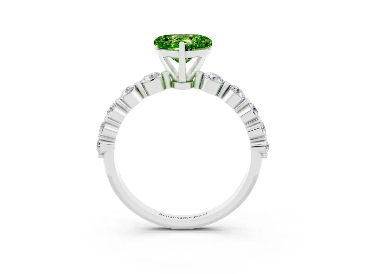 Heart Cut Solitaire Peridot Ring with Pave Band and Four-Prong Setting Platinum