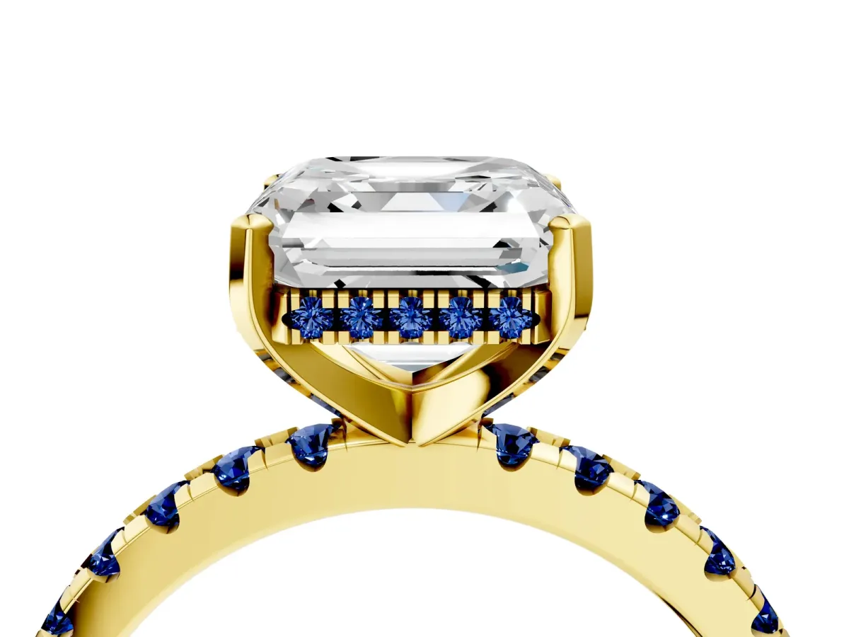 Asscher Cut Diamond Solitaire Ring with Round Blue Sapphire Pavé Band and Four-Prong Setting Yellow gold