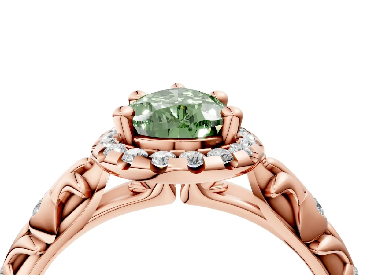 Fancy Green Pear Cut Diamond Halo Ring with Filigree Band and Prong Setting Rose gold