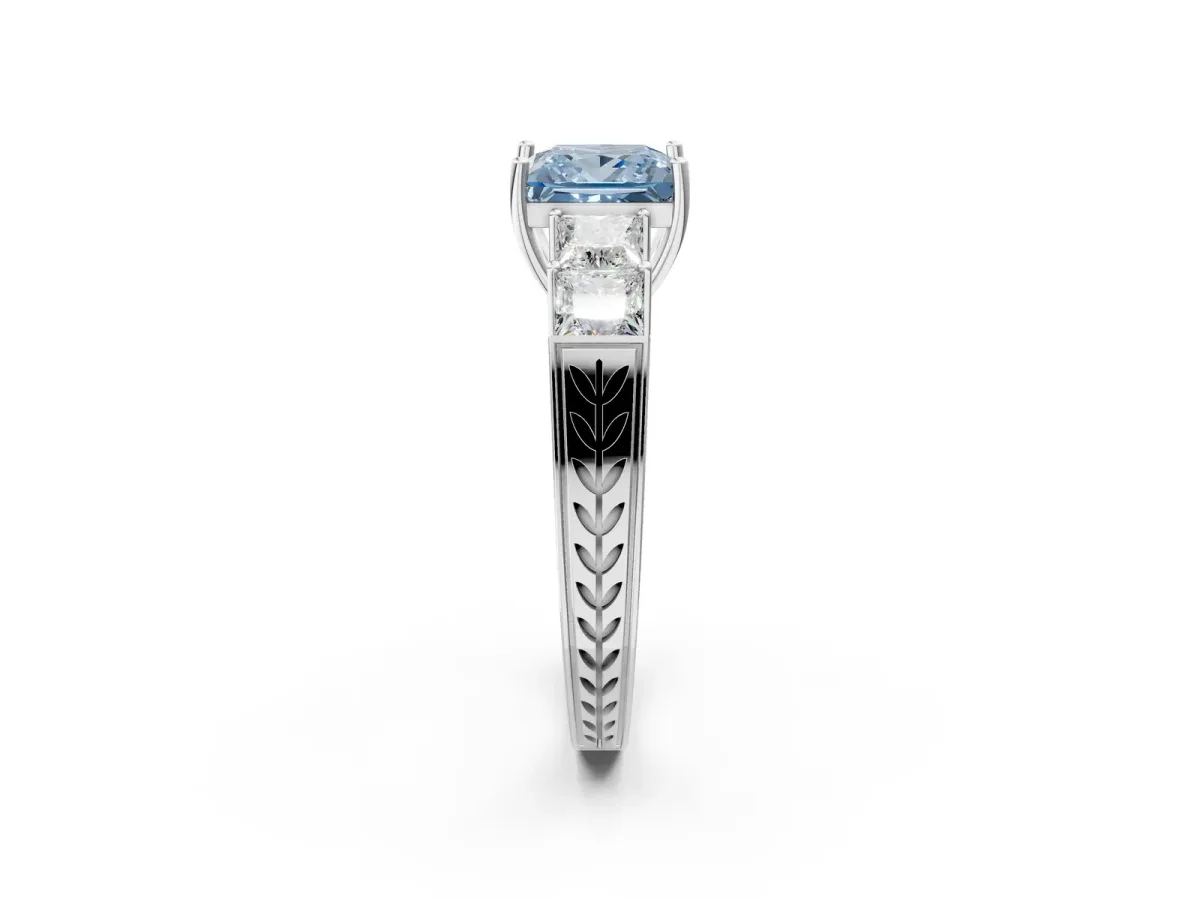 Fancy Blue Princess Cut Solitaire Princess Side Stone Engraved Band Prong Setting Ring Silver