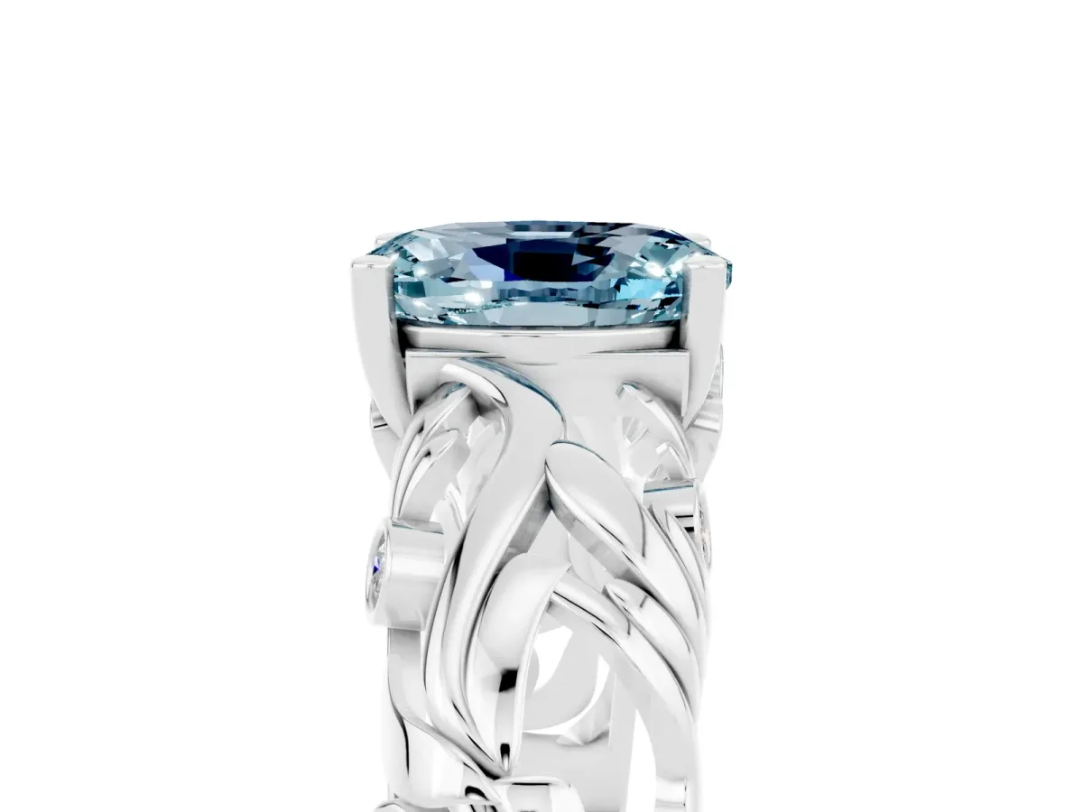 Oval Cut Solitaire Aquamarine Leaf-Inspired Vine Band Ring with Prong Setting White gold