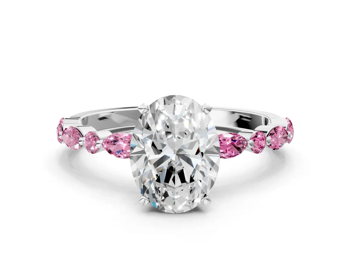 Oval Cut Diamond Ring with Marquise and Round Pink Sapphire Side Stones and Four-Prong Setting White gold