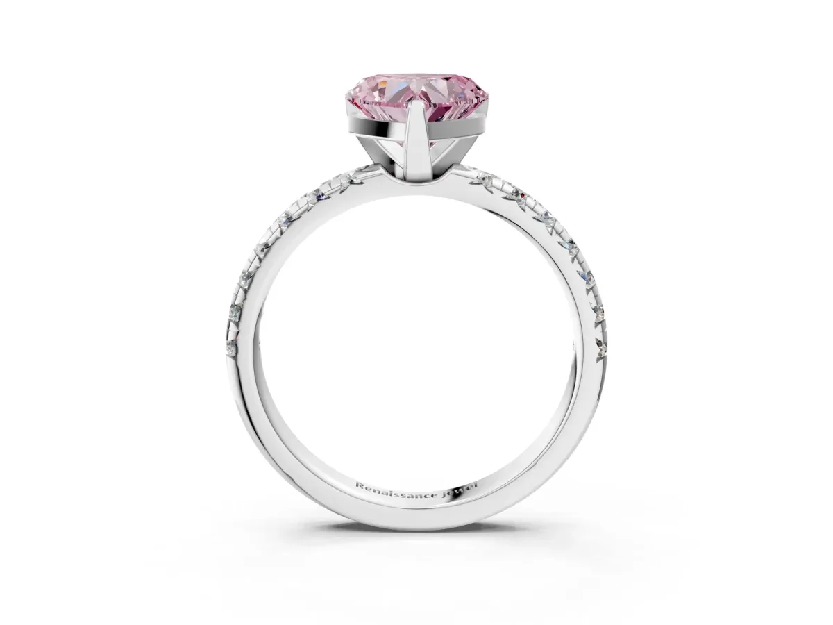 Fancy Pink Heart Cut Diamond Solitaire Pavé Engagement Ring with Round Band and Prong Setting White gold